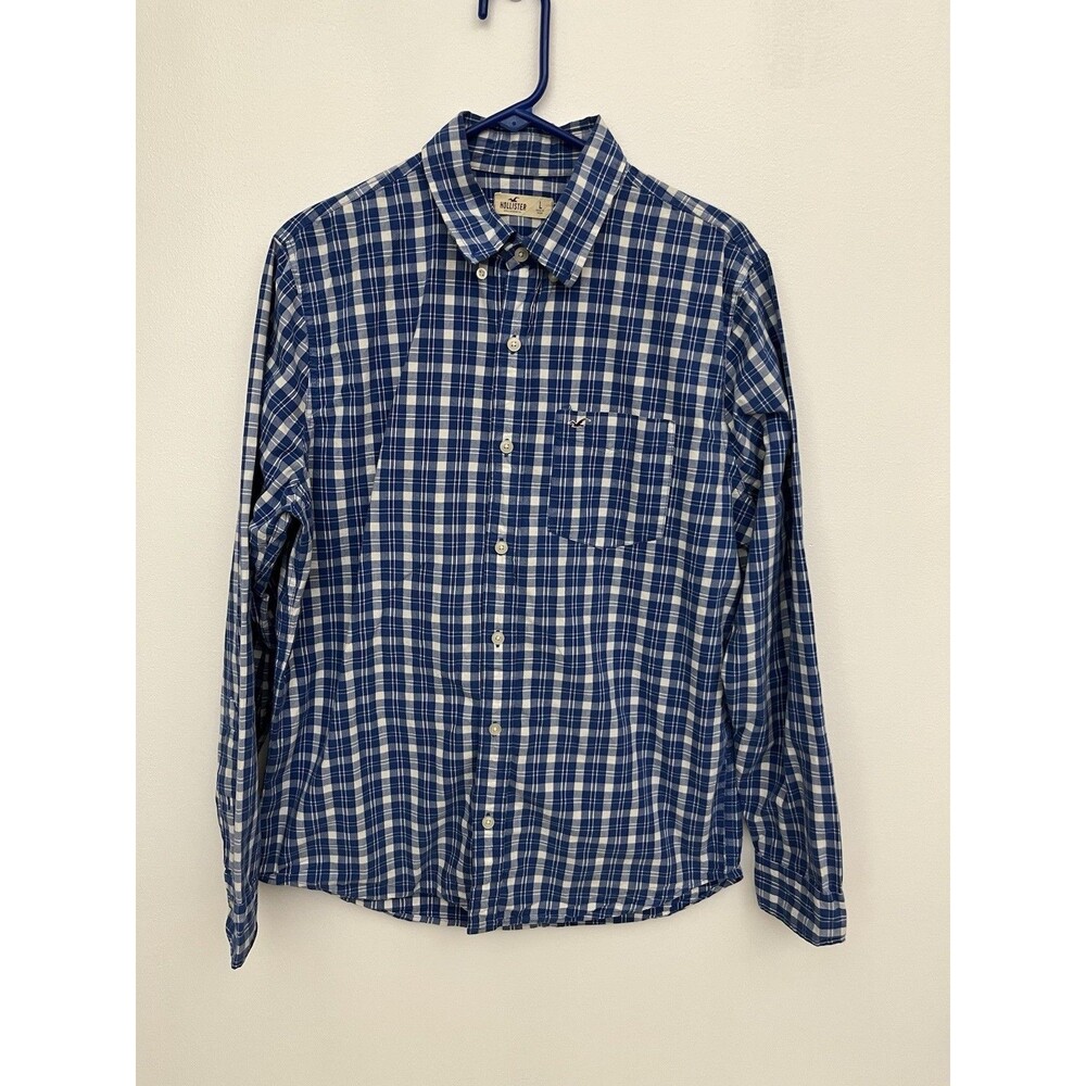 Hollister Shirt Men’s Large Blue/white Collared Plaid Button Down Long Sleeve